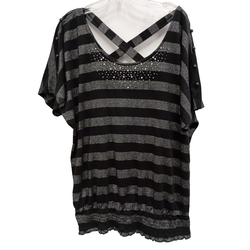 Maurices Top Womens 1X Black Silver Metallic Striped Short Sleeve BOHO Grunge